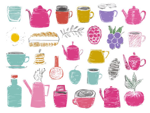 Conjunto de ilustra&ccedil;&otilde;es coloridas e desenhadas &agrave; m&atilde;o de bules, x&iacute;caras, frutas e alimentos sobre fundo transparente.