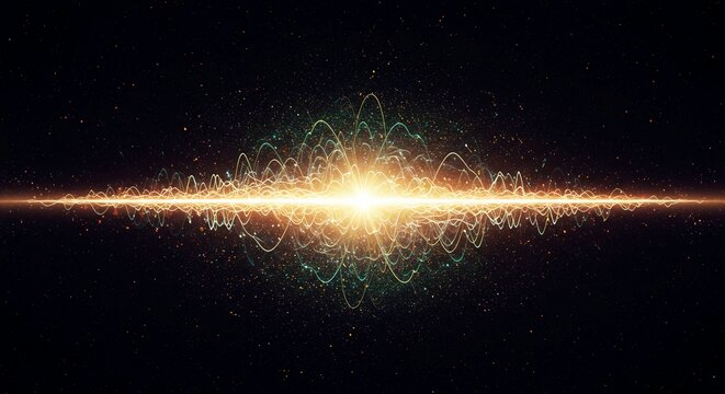 Complex abstract digital visualization of quantum energy flow and rhythmic subatomic vibration patterns in deep space, visualization, energy, concept