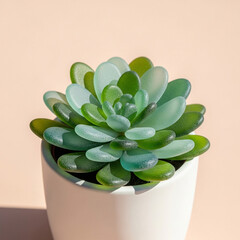 Unique Succulent Plant Crafted from Smooth Translucent Green Sea Glass in a White Ceramic Pot