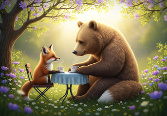 Whimsical Illustration of a Large Brown Bear and a Small Fox Sharing Tea in a Field of Flowers
