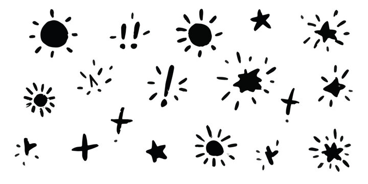 Cole&ccedil;&atilde;o de &iacute;cones desenhados &agrave; m&atilde;o de sol, estrelas e brilhos com fundo transparente para design.