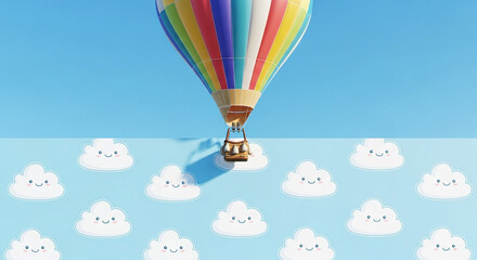 Playful Illustration of a Colorful Hot Air Balloon Floating Above a Wall Covered in Cute Cloud Patterns Design