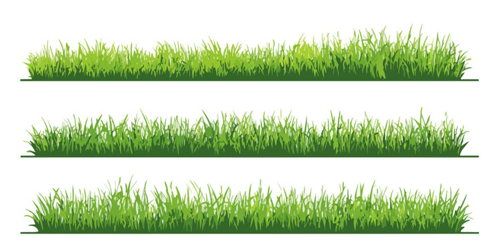 Tr&ecirc;s faixas horizontais de grama verde vibrante em estilo vetorial com fundo transparente, perfeitas para design.