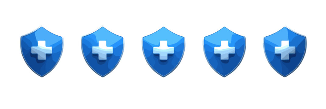 Cinco escudos azuis com sinal de mais branco, &iacute;cones de prote&ccedil;&atilde;o de sa&uacute;de e seguran&ccedil;a em fundo transparente.