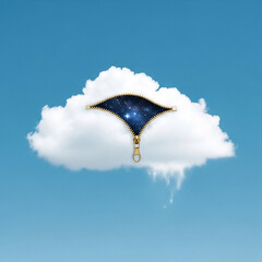 Surreal Concept of a White Fluffy Cloud with a Zipper Opening to Reveal a Deep Blue Starry Space Background