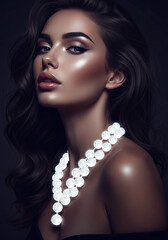 Portrait of a Beautiful Glamorous Woman with Long Dark Hair Wearing a Glowing Pearl Necklace in Dark Room