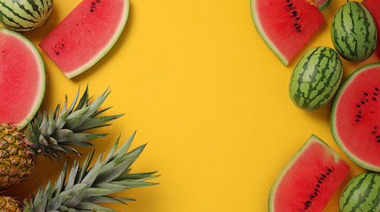 Vibrant arrangement of watermelon and pineapple slices on a bright yellow background, perfect for summer themes.