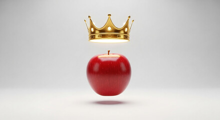 Conceptual Image of a Shiny Red Apple with a Golden Crown Hovering Above It Against a White Background