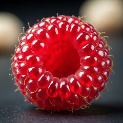 Extremely Detailed Macro Shot of a Single Ripe Red Raspberry with Translucent Droplets and Hairs