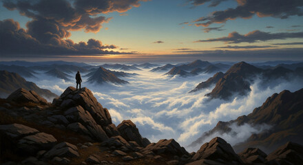 Adventurer Standing on a Rocky Mountain Peak Looking Over a Vast Sea of Clouds During Sunrise or Sunset