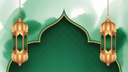 Green Islamic arch with lanterns for Ramadan and Eid celebration background.