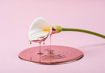 Elegant white calla lily flower with a captivating metallic rose gold liquid dripping onto a pink surface abstract art.