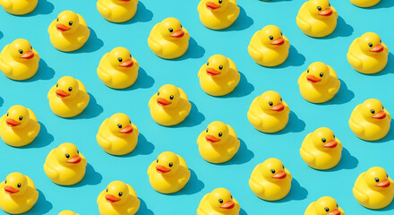 Adorable repeating pattern of bright yellow rubber ducks arranged neatly on a vibrant blue background a playful design.
