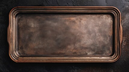 A metal baking tray is placed on a dark countertop. The surface of the tray shows signs of wear and has no food items on it. Bright lighting highlights its details.