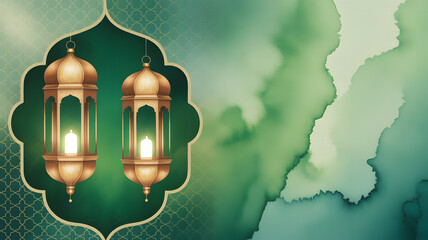 Two ornate lanterns hang against a green patterned and watercolor backdrop.