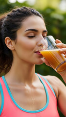 Radiant woman hydrating with nutritious juice post-exercise