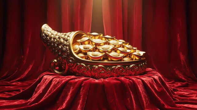 A luxurious golden cornucopia filled with shiny golden ingots and coins, presented on a draped red velvet stage with dramatic spotlight illumination.