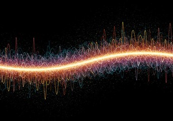 Dynamic visualization of non-linear wave mechanics, illustrating complex subatomic patterns and energetic abstract rhythmic pulses, science, data, motion