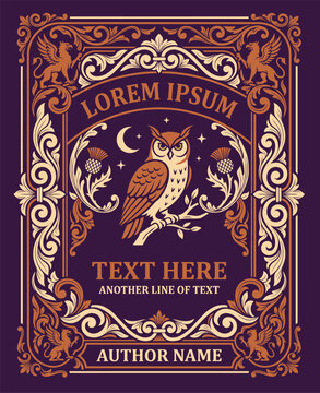 Mystical Vintage Owl and Griffin Night Frame Illustration
