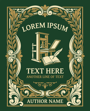 Vintage Printing Press and Open Book Frame Illustration