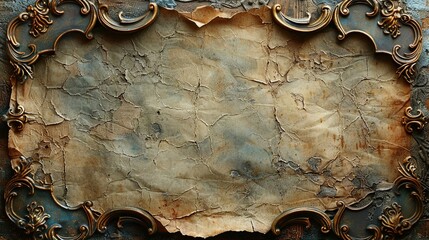 Blank page with aged ornate frame, muted beige brown gray cream gold tones distressed vintage texture, old-world vibe copy space for design and print projects