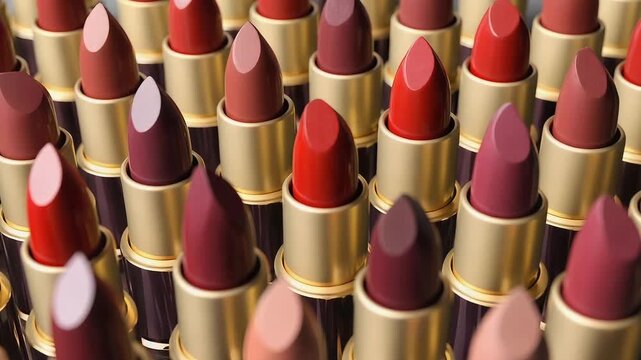 Overhead View of Multiple Lipstick Rows with Diverse Shades in Gold Cases