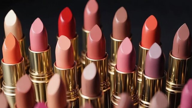 Large Collection of Colorful Lipsticks in Gold Tubes on Dark Background