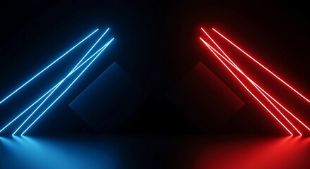 Vibrant abstract dark background featuring intense neon glowing geometric shapes and lines, perfect for digital display or virtual setting, eighties, curve, magenta