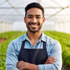 Smiling Farmer in Greenhouse - Cultivating Success with Sustainable Agriculture.