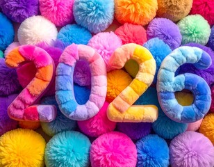 Esfera de pompones de colores suaves, Conjunto de bolas de felpa multicolores, Textura abstracta de pompones esponjosos, Patr&oacute;n vibrante de bolas decorativas