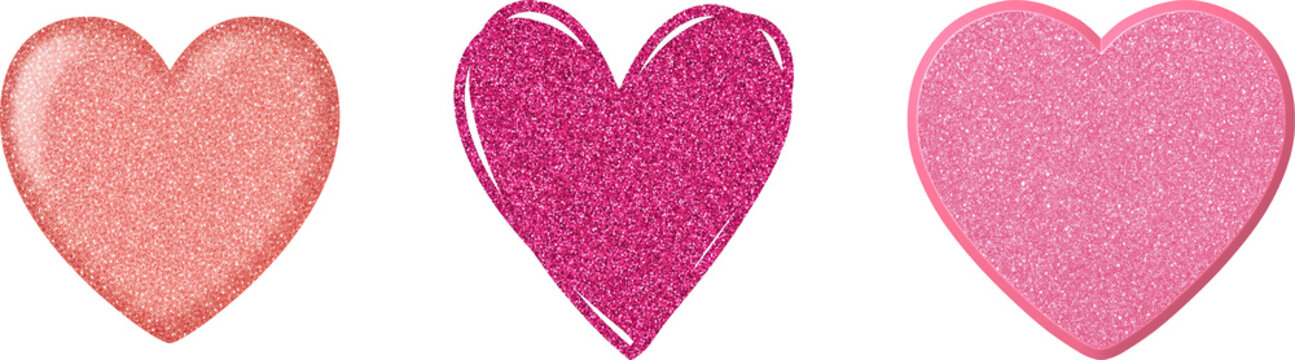 Set of Glitter heart on transparent background. Design for decorating, background, wallpaper,  pink glitter hearts, pink gold glitter 3d heart Shiny pink glitter heart shape with rainbow reflections