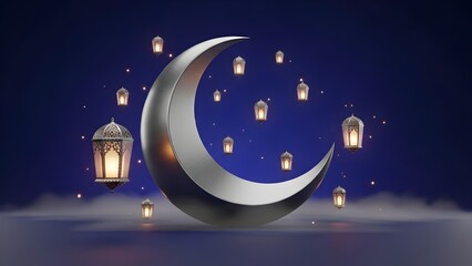 Festive Background: 3D Render of Ramadan Moon and Hanging Lanterns