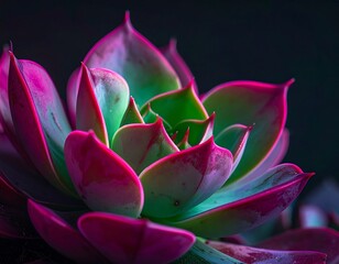 Vibrant Magenta and Green Succulent Petals Exhibiting Geometric Perfection in Macro Detail