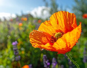 Vibrant Orange Poppy Flower Adorned with Morning Dew Droplets in a Sunlit Meadow