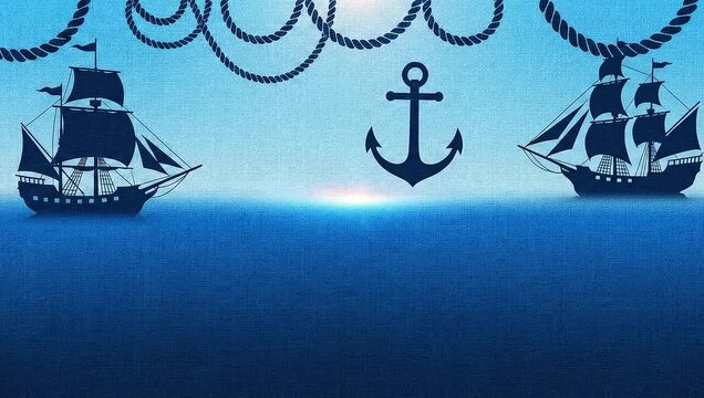 Two sailing ships and an anchor on a blue ocean background with ropes.