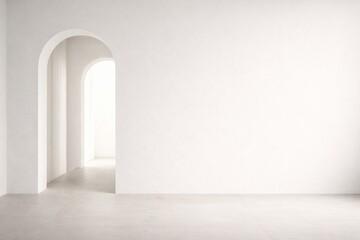 Minimal White Architectural Interior with Arched Passage and Large Empty Wall, Clean Background for Luxury Branding, Architecture and Design Presentation