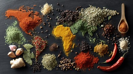 Spices are placed to form a world map on a dark surface. Various colors and textures reveal the diversity of spice origins. Tools like chili and garlic are nearby.