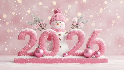 Cute pink snowman celebrates the arrival of the new year 2026 surrounded by falling snow and glittering holiday ornaments in a soft pastel scene