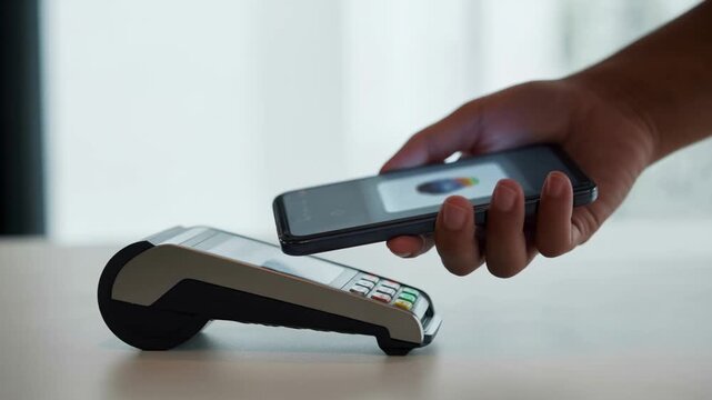 Instant payment NFC concept. Hand Holding Smartphone Near Payment Terminal for Instant NFC Transaction Using Contactless Technology