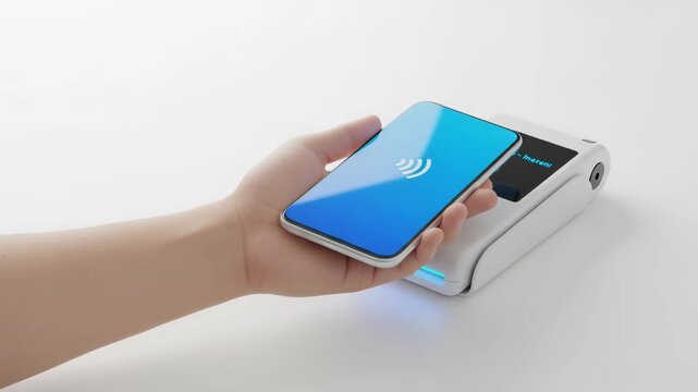 Instant payment NFC concept. Hand Holding Smartphone Near Wireless Payment Terminal for Instant NFC Payment Using NFC Technology and Contactless Setup