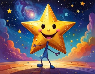 Smiling Star Character in a Colorful Cosmic Landscape Illustration.