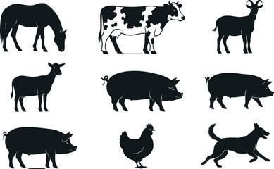 Farm animal silhouettes in grid layout featuring horse, cow, pig, goat, sheep, chicken, dog - flavector