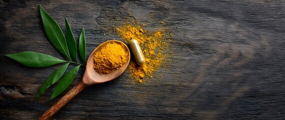 Turmeric powder and green leaf in a wooden spoon with herbal capsule on rustic wood background for wellness brands nutrition experts and supplement marketing to show natural healing ingredients
