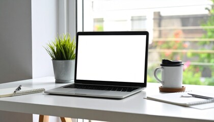 Modern workspace with a pristine white desk and a laptop featuring a blank screen, ready for showcasing new designs, web content, or creative projects in a bright office