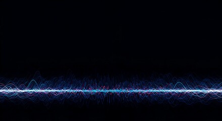 Abstract futuristic background showing smooth, rhythmic oscillating sine waves moving across a dark digital space, representing sound or energy flow, light, backdrop, smooth