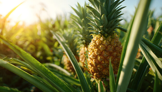 pineapple field at sunrise with ripe fruit growing on green leaves in a tropical farm, captured in the early morning light to show farmers cultivating fresh organic produce in rural countryside
