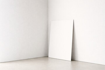 Blank Frame Leaning Against White Wall in Minimal Corner Interior, Clean Mockup Background for Branding, Art Display and Design Presentation