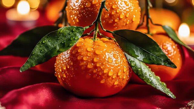 Close Up Macro Shot of Vibrant Orange Citrus Fruits Covered in Water Droplets on a Luxurious Red Satin Cloth Illuminated by Soft Bokeh Lights Ideal for Harvest or Holiday Themes