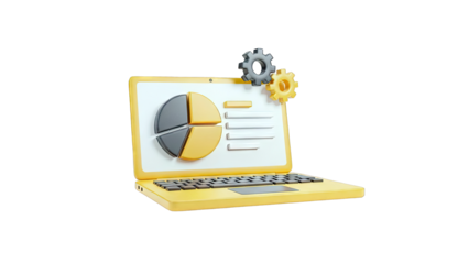 3D Laptop with Pie Chart and Gears