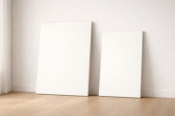 Two Blank Frames Leaning Against White Wall in Minimal Interior with Wooden Floor, Clean Mockup Background for Branding, Poster Display and Design Presentation